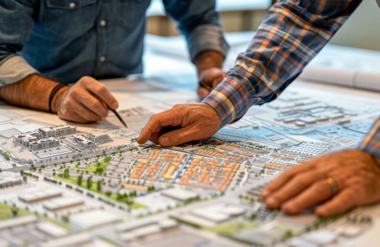 Zwei Personen arbeiten an einem detaillierten Architekturplan und diskutieren städtebauliche Entwürfe und Bauprojekte.