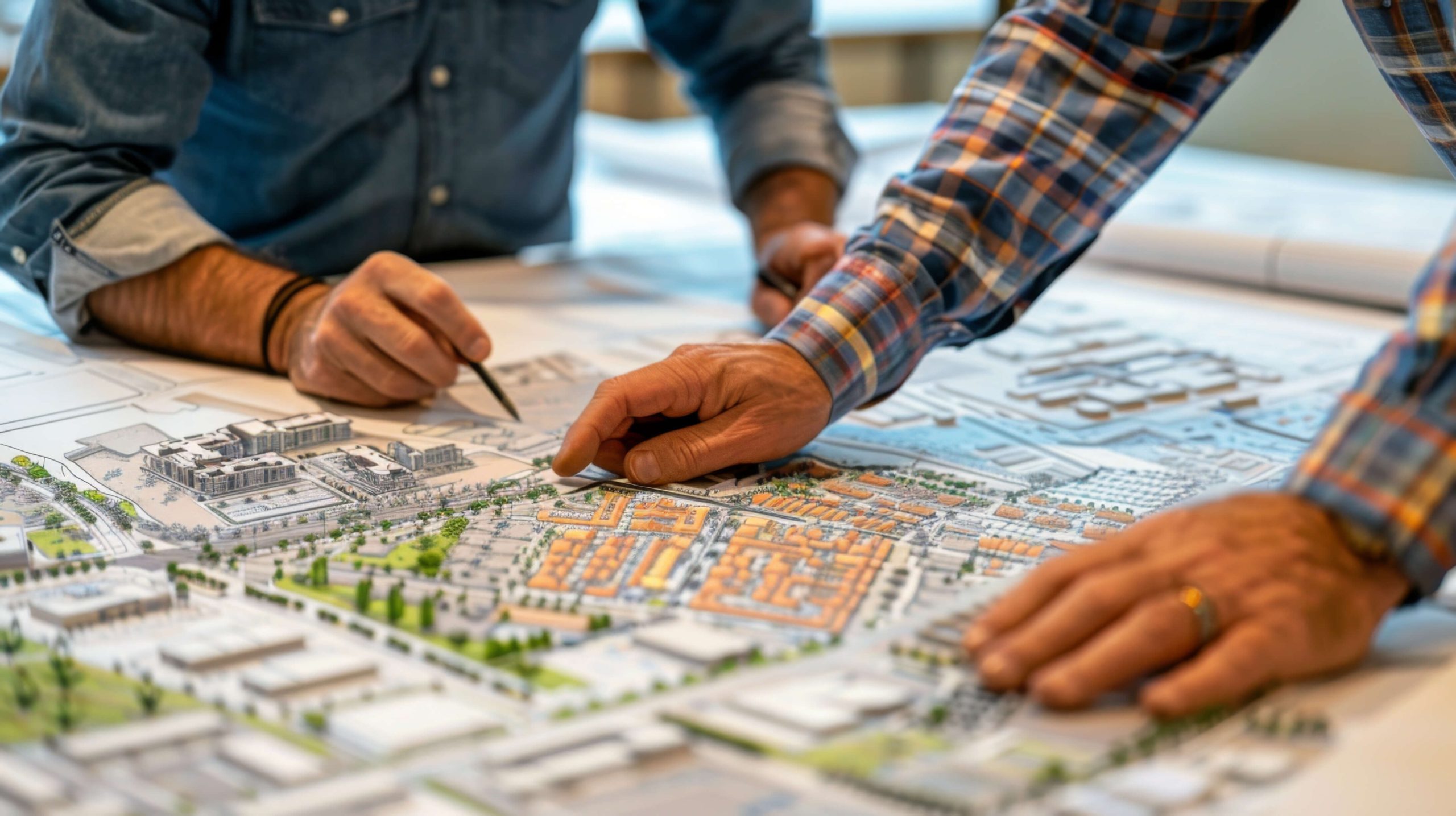 Zwei Personen arbeiten an einem detaillierten Architekturplan und diskutieren städtebauliche Entwürfe und Bauprojekte.