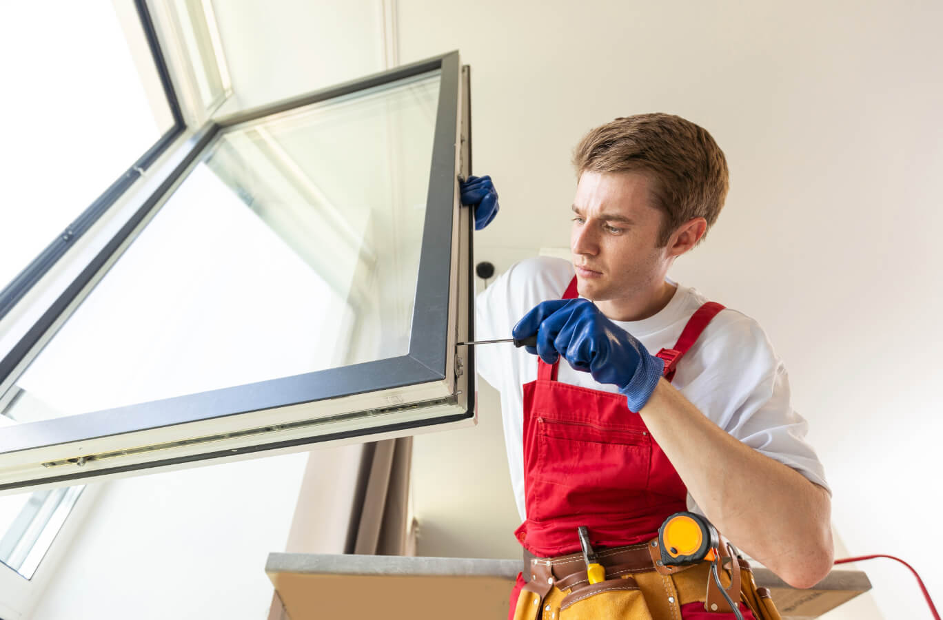 Handwerker in roter Arbeitskleidung und Handschuhen justiert ein Fensterrahmen mit einem Schraubendreher.