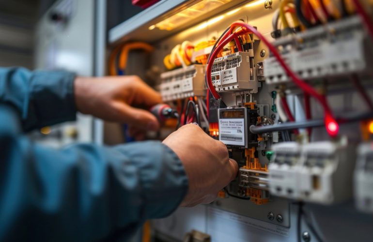 Techniker arbeitet an einer elektrischen Schalttafel und justiert Kabelverbindungen in einem komplexen Schaltschrank.