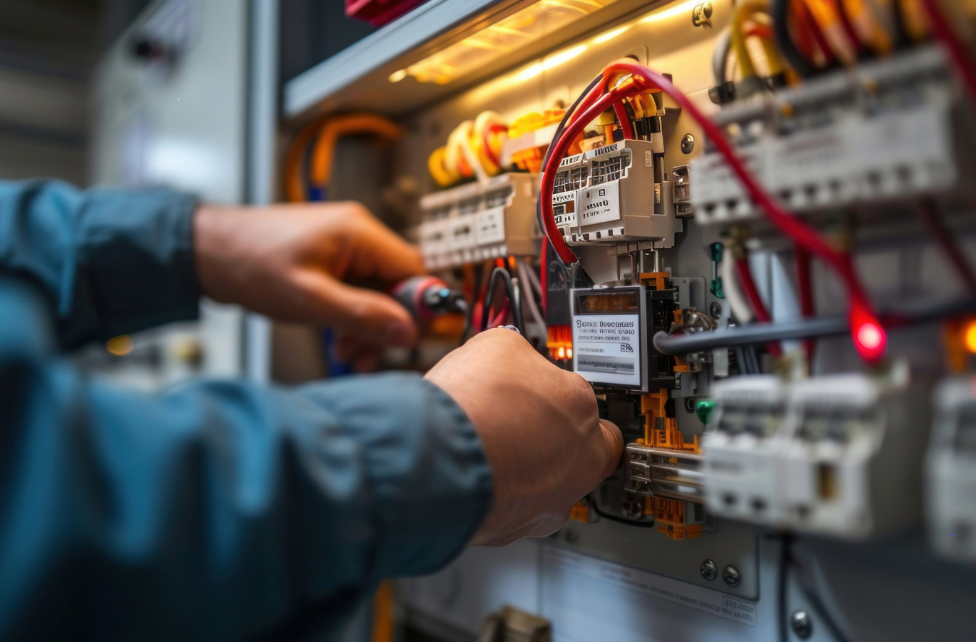 Techniker arbeitet an einer elektrischen Schalttafel und justiert Kabelverbindungen in einem komplexen Schaltschrank.